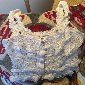 For Love And Lemons Jelena Button Front White Lace Crop Top